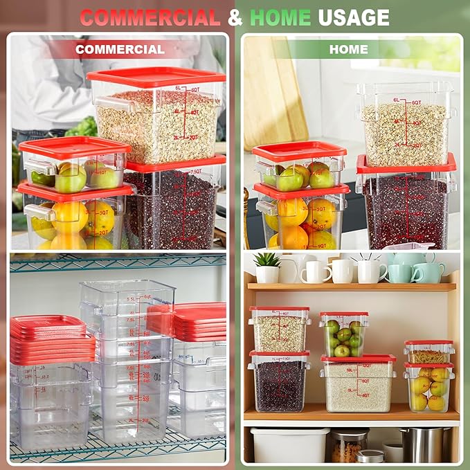 4QT NSF Food Storage Containers with Lids: 4 PCS [Total Food Grade][Hot&Cold Resistant] Commercial Clear Food Storage Containers for Restaurant Kitchen Proof Dough, Measuring Spoons Included(Red)
