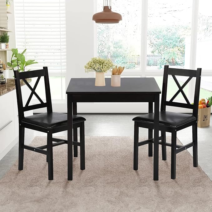 3-Piece Solid Wood Kitchen Table Set for 2 | Pine Dining Table with Upholstered Chairs | Space-Saving Design | Smooth Easy-to-Clean Surface | for Dining Room, Apartment, Restaurant, Dark Brown