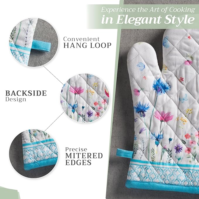 Maison d' Hermine Oven Gloves 100% Cotton Oven Mitt 7" x 13" with Loop Heat Resistant, BBQ, Cooking Gloves, Baking, Grilling, Kitchen, Handling Hot Pans Spring/Summer (Pack of 1, Flower in The Field)