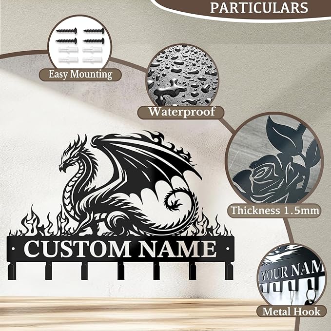 Customized Name Key Hook - Evil Dragon Design Keys Holder Decor Black Iron Metal Wall Organizer for Home & Office (Multiple Sizes) (Style D)