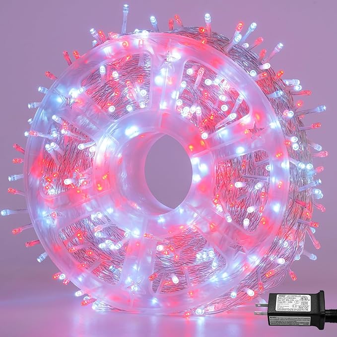 QITONG Red and White Christmas Light Outdoor Waterproof, 165ft 500 LED Clear Wire String Lights Plug-in, 8 Modes Christmas Tree Light Indoor