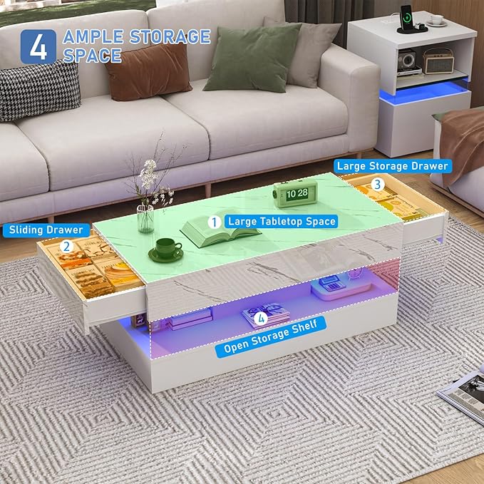 39.4" Large High-Glossy LED Coffee Table with 2 Sliding Drawers, Living Room Storage Coffee Tables with Marbling Print, Modern Stylish Double-Layer Center Tables w/LED Lights, White