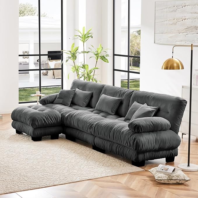 133.8" Oversized Couch, 3 Seater Modular Sectional Sofa, Grey Large L Shaped Fluffy Couch Set, Chenille Cloud Sofas with Ottoman for Living Room