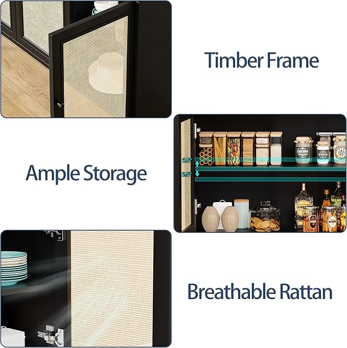 47" Rattan-Door Sideboard Cabinet with Shelf, 3-Door TV Stand Credenza Buffet with Generous Storage, Modern Accent Cabinet for Living Room & Kitchen, Black