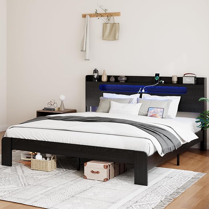 Wooden Queen Size Bed Frame with Storage Headboard, Farmhouse Platform Bedframe with Charging Station & Led Lights, Sturdy Wood Slat Framework, Easy Assembly (Rustic Black)