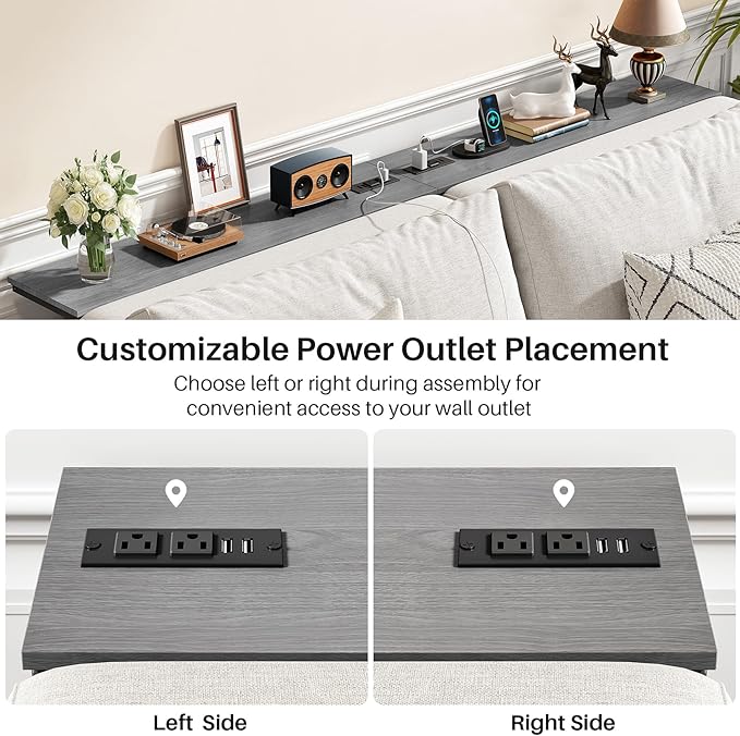 Kitstorack 2-Pack Dark Gray Console Table, 7.9" Deep Panel, Adjustable Height (25"-33") & with 2 Power Outlets, Behind Sofa Couch Table, Use Together or Separately, 79" L