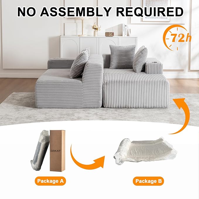 106" Modular Sectional Sofa, Modern Cloud L-Shape Couch with Ottoman Chaise, Comfy Deep Seat Chenille Boneless Couches for Living Room, No Assembly Required, Light Grey