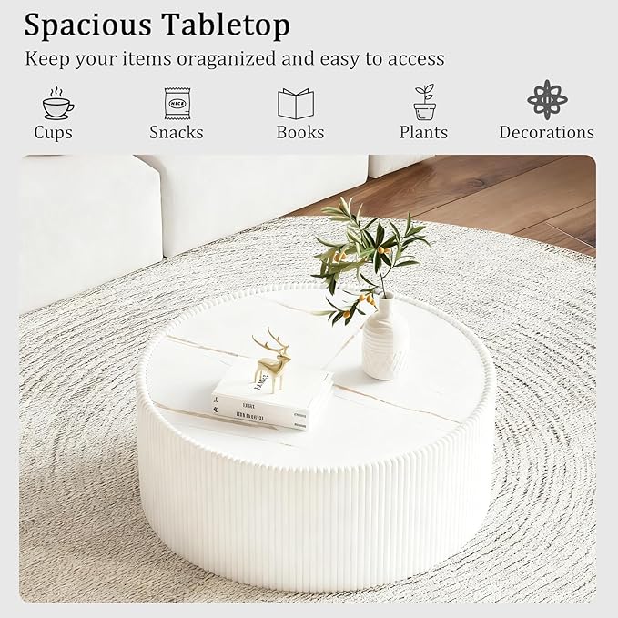 Round Coffee Table Set with Sintered Stone Tabletop, 29.52" White Drum Center Table and 17.71" Black Coffee Table Set, 2 Pieces Living Room Table Set with Fluted PU Leather Cover& Stable Base