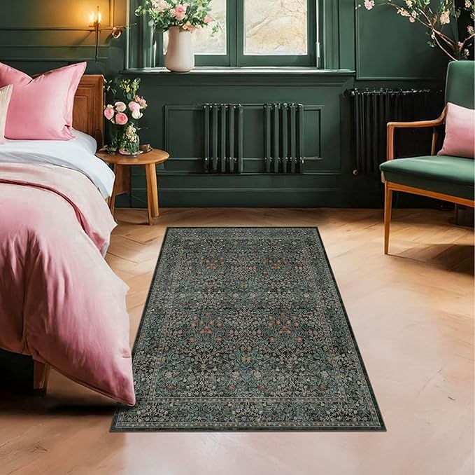 Dark Green Washable 3x6 Large Entryway Runner Rug Indoor, Non-Slip Floor Rugs for Kitchen, Bedroom, Bathroom Beside Bed, Stain & Fade Resistant, Vintage Floral Design