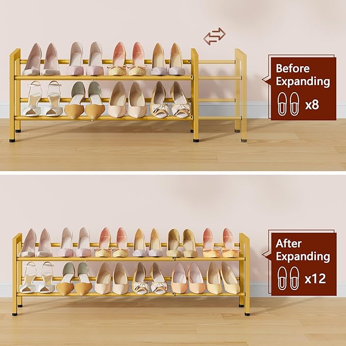 FAVOOSTY 2-Tier Expandable Shoe Rack, Adjustable Shoe Shelf Storage Organizer Space Saving Metal Free Standing Shoe Rack for Entryway Closet Doorway, Gold