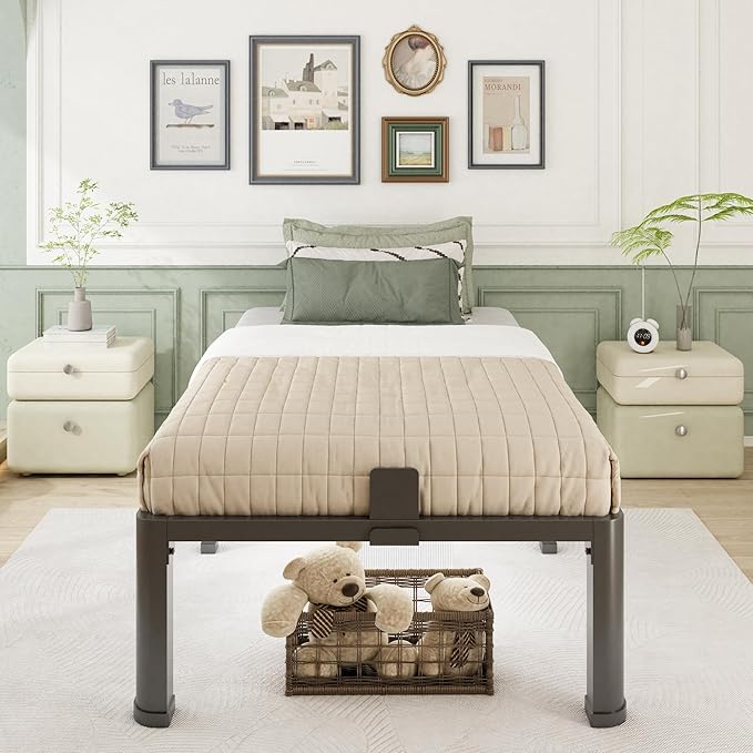 16 Inch Twin Bed Frame with Rounded Corner and Headboard Hole Mattress Retainers 3500 lbs Heavy Duty Support Metal Platform Bed Frame Noise Free No Box Spring Needed Easy Assembly
