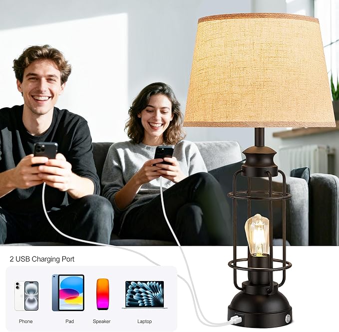 28" Table Lamps for Living Room Set of 2, 3 Way Dimmable Touch Lamps with USB A+C Ports,Farmhouse Table Lamps for Bedroom,Industrial Lamp for Living Room End Tables, 4 Bulbs Included