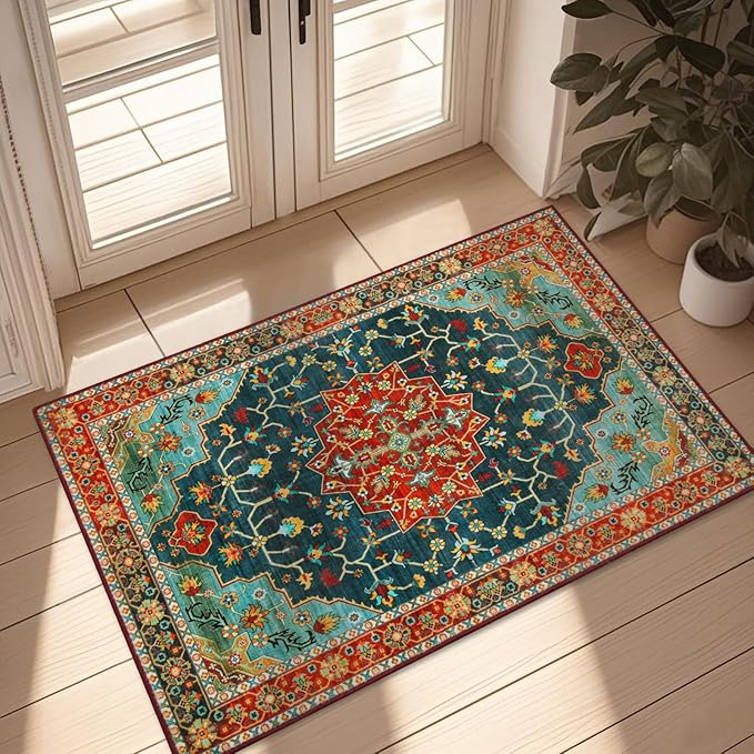 WILLSUN Washable Area Rugs, 2x3 Non-Slip Boho Small Area Rugs for Entryway, Kitchen, Bathroom, Machine Washable Vintage Rug, Indoor Floral Print Carpet for Home Decor, Kid & Pet Friendly Mat