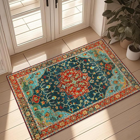 WILLSUN Washable Area Rugs, 2x3 Non-Slip Boho Small Area Rugs for Entryway, Kitchen, Bathroom, Machine Washable Vintage Rug, Indoor Floral Print Carpet for Home Decor, Kid & Pet Friendly Mat