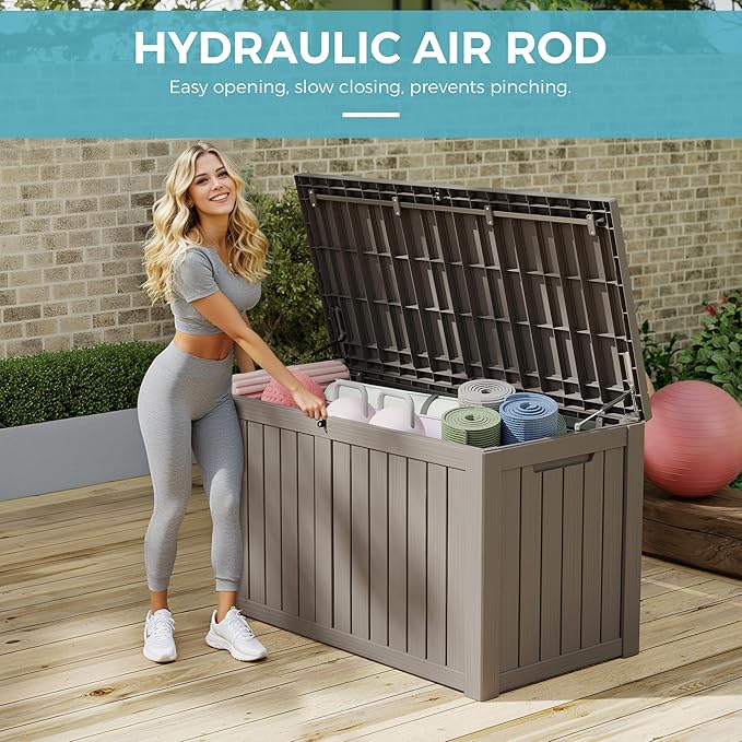 Outdoor Storage Box, Resin Deck Boxes Indoor and outdoor, Waterproof Storage Box Lockable Lid (Grey, 160 Gallon)