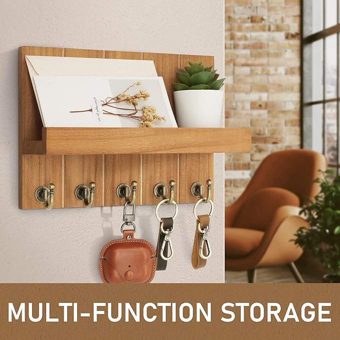 Rebee Vision Farmhouse Key Holder for Wall - Decorative Wall Shelf with Key Hooks & Mail Organizer Wall Mount for Apartment Essentials - Rustic Living Room Decor (Light Brown, 3.54"D x 10"W x 7.28"H)