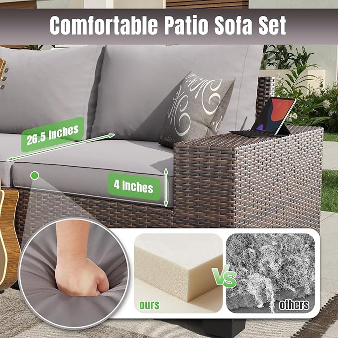 Aoxun 13 Pieces Patio Furniture Set with 44” Fire Pit Table Wicker Rattan Outdoor Sectional Conversation Set with Coffee Table and 4” Thickened Cushions, Gray(Waterproof Cover Included)