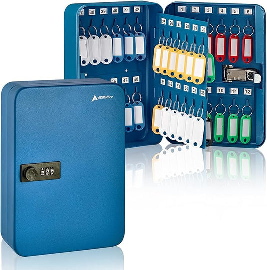 AdirOffice Key Lock Box - 48 Hook Wall Mounted Key Cabinet Holder, Lockable Storage - Metal Organizer for Home and Office