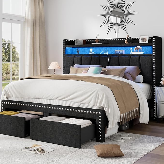 Queen Size Bed Frame with Storage Headboard and Drawers Modern Rivets Upholstered Bed Frame with LED Charging Station Queen Bedframe No Box Spring Needed