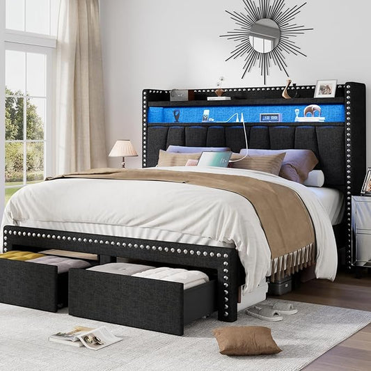 Queen Size Bed Frame with Storage Headboard and Drawers Modern Rivets Upholstered Bed Frame with LED Charging Station Queen Bedframe No Box Spring Needed