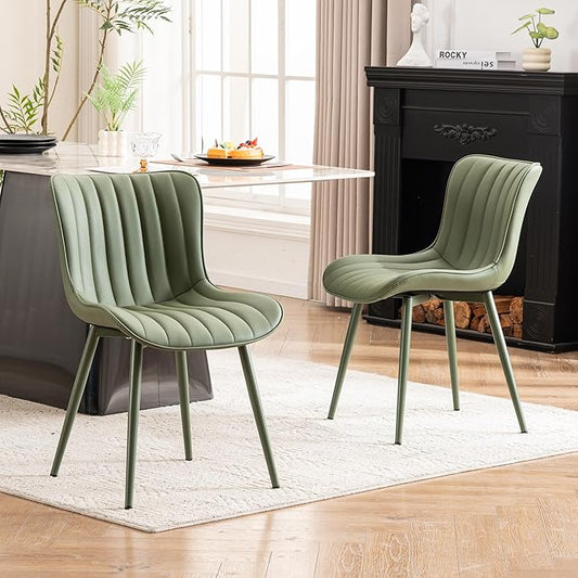 YOUNUOKE Mid-Century Modern Dining Chairs Set of 2, Green PU Leather Upholstered Kitchen Chairs with Green Metal Legs, Armless Accent Chair for Dining Room, Guest Reception Room