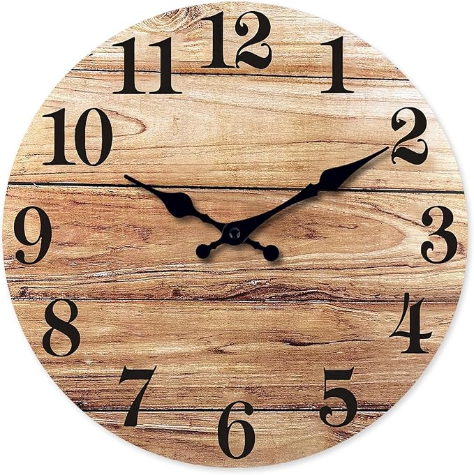 XNM Round Wood Wall Clock for Kitchen 12 Inch Farmhouse Small Wall Clocks Battery Operated Brown Wall Clock Silent (MDF No Solid Wood)