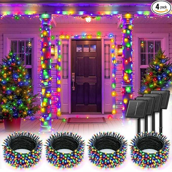 Brightown 4 Pack Solar String Lights Outdoor, Total 288Ft 800 LED Twinkle Fairy Lights Waterproof with 8 Modes Auto On/Off for Patio Tree Garden Party Home Wedding Christmas Decorations (Multicolor)