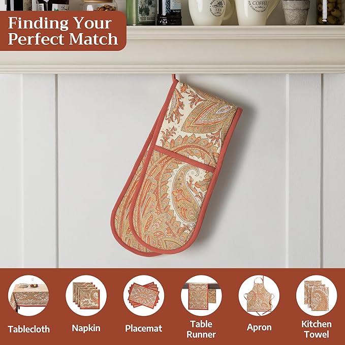 Maison d' Hermine Double Oven Mitt (7" x 35") 100% Cotton Heat Resistant BBQ Cooking Gloves with Loop for Thanksgiving Christmas Decorations Baking Cooking Barbeque Handling Hot Pan (Kashmir Paisley)