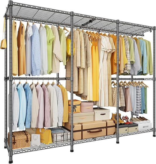 E14 Heavy Duty Clothes Rack，Freestanding Clothing Racks for Hanging Clothes，Adjustable Closet Organizers and Storage，Metal Garment Rack with Shelves 69" W x16 D x77 H，Max Load 960LBS，Grey