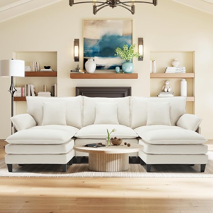 Modular Sectional Sofa, Comfy Cloud Couch with Movable Ottoman, Deep Seat Couches for Living Room, Bedroom and Apartment, 106" U Shaped Modern Sofa with Pillows, Beige