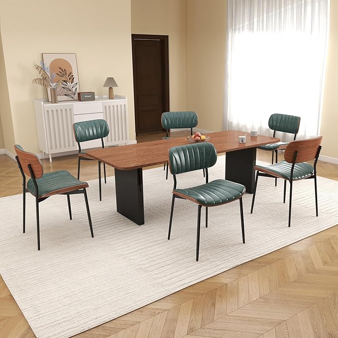 Mid Century Modern Dining Chairs Set of 2,Upholstered Faux Leather Kitchen Chairs with Walnut Bentwood Back and Metal Legs for Kitchen Dining Room Living Room, Green