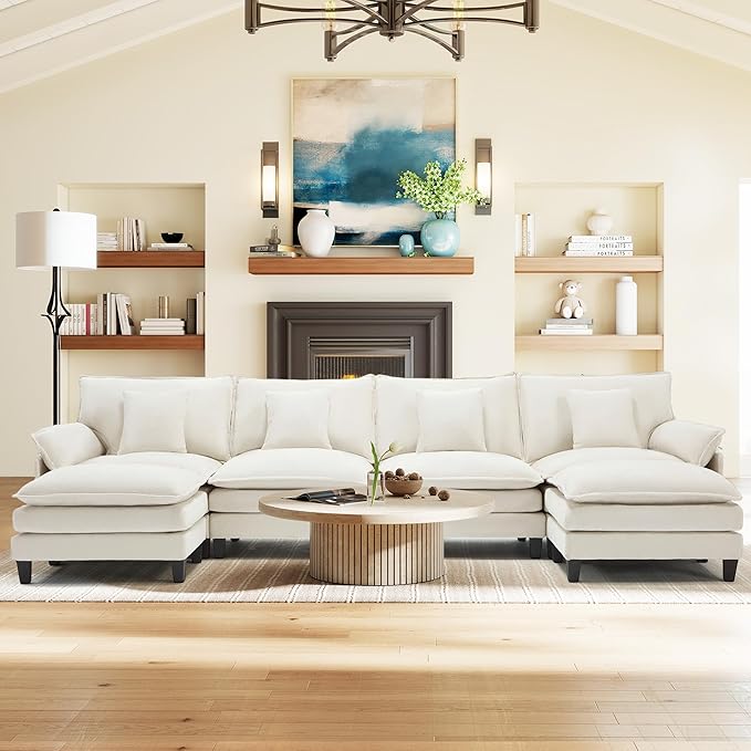 Modular Sectional Sofa, Comfy Cloud Couch with Movable Ottoman, Deep Seat Couches for Living Room, Bedroom and Apartment, 140" U Shaped Modern Sofa with Pillows, Beige