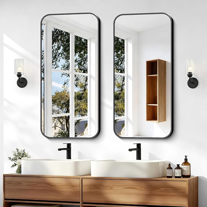 BONEWEI 20x40 inch Bathroom Mirror,Black Rectangle Mirror,Wall Mounted Bathroom Frame Vanity Mirror with Round Corner for Bedroom Living Room,Entryway Hangs Horizontal or Vertical