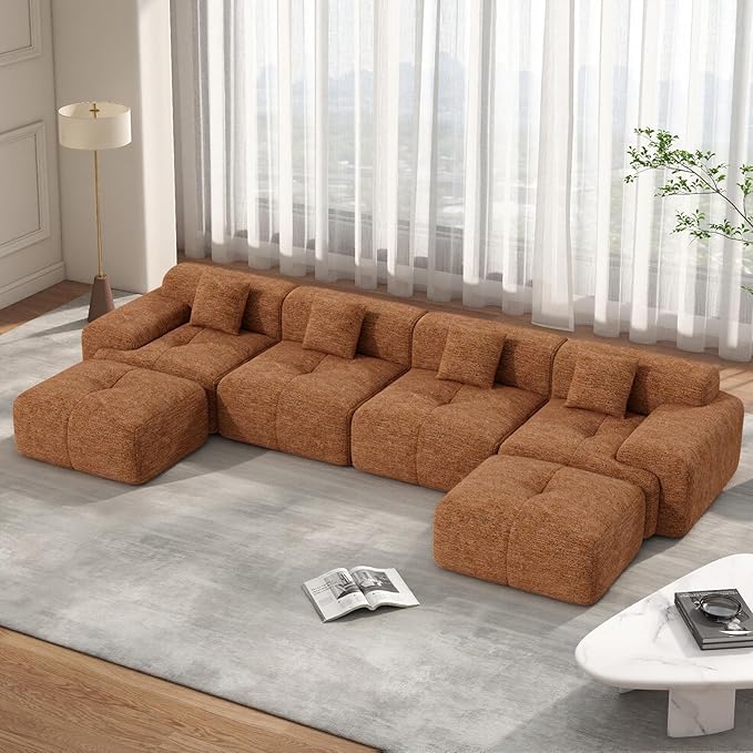 158" Modern U Shaped Modular Sectional Sofa, Boneless Couches for Living Room with Ottoman,6 Seater Convertible Chenille Cloud Couch Sofa Set, No Assembly Required, Orange 1 PCS