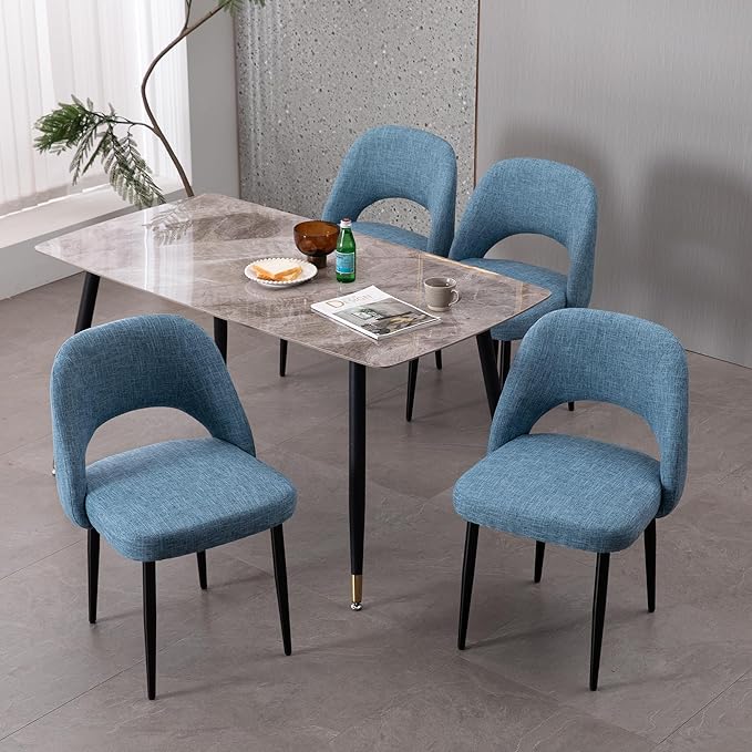 Modern Dining Chairs, Fabric Upholstered Accent Kitchen Chairs with Comfy Padded Seat & Sturdy Metal Legs, Side Farmhouse Chairs for Dining Room, Living Room, Restaurant (Blue, Set of 4)