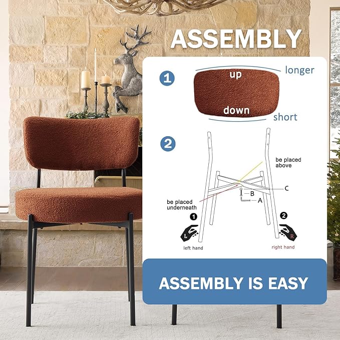 Brown Boucle Dining Chairs Set of 4, Upholstered Dinner Chair with Metal Frame, Dining Room Chairs with Padded Seat, Round Modern Seating for Living Room