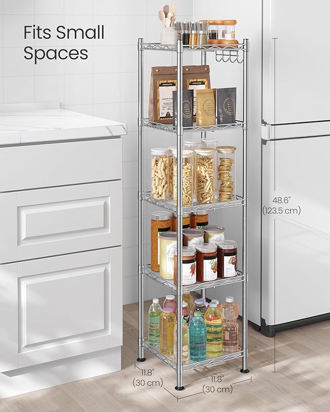 SONGMICS 5-Tier Bathroom Shelf, Storage Rack for Small Space, with 5 PP Shelf Liners, Removable Hook, Extendable Design, Silver and Translucent ULGR023S01