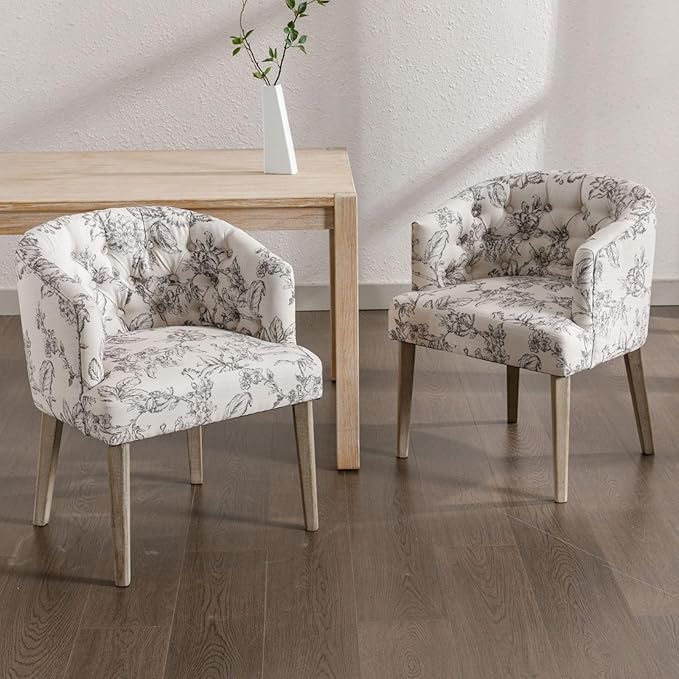 DUOMAY Modern Tufted Dining Chairs Set of 8, Linen Upholstered Side Chair, Comfy Accent Barrel Chair with Wood Legs for Home Kitchen Dining Room Living Room Restaurant, Beige Flower Pattern