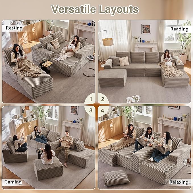 135" U-Shape Cloud Couch, Modern Modular Sectional Comfy L-Shape Sofa with Ottoman, Deep Seat, Upholstered Corduroy Sleeper Chaise Longue for Living Room Bedroom, No Assembly Required, Camel