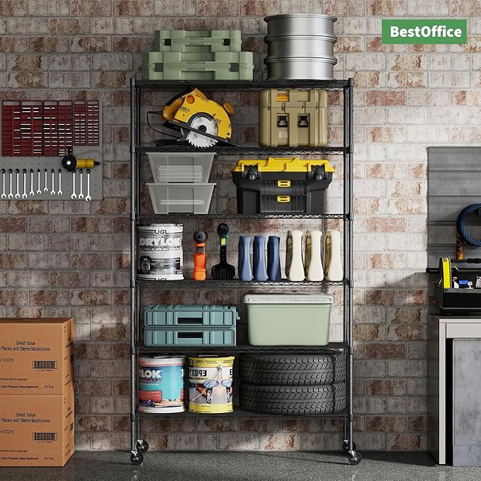 BestOffice Storage Shelves 6 Tier Metal Shelves Adjustable Garage Shelving Wire Shelving Unit Capacity 2100LBS with Wheels for Kitchen, Garage Pantry Closet Commercial,Black