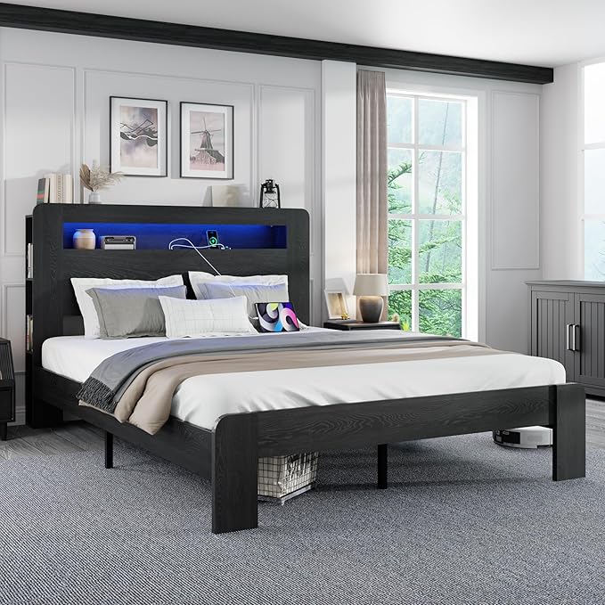 Queen Size Wooden Bed Frame with Bookcace Storage Headboard, Rustic Farmhouse Bedframe with LED Lights and Charging Station, Sturdy and Stable, Slat Support, No Box Spring Required (Black, Queen)