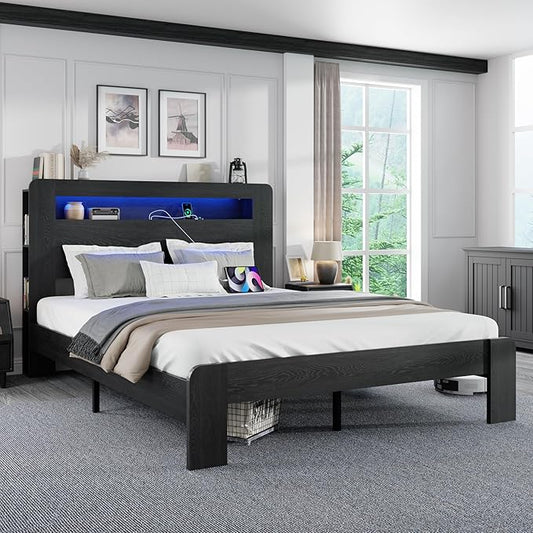 Queen Size Wooden Bed Frame with Bookcace Storage Headboard, Rustic Farmhouse Bedframe with LED Lights and Charging Station, Sturdy and Stable, Slat Support, No Box Spring Required (Black, Queen)