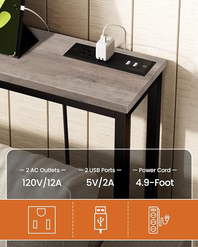 78.7" Narrow Console Table with Power Outlet 7.1" Skinny Sofa Table, Long Behind Couch with Charging Station for Hallway, Living Room Greige and Black TXG20UBG