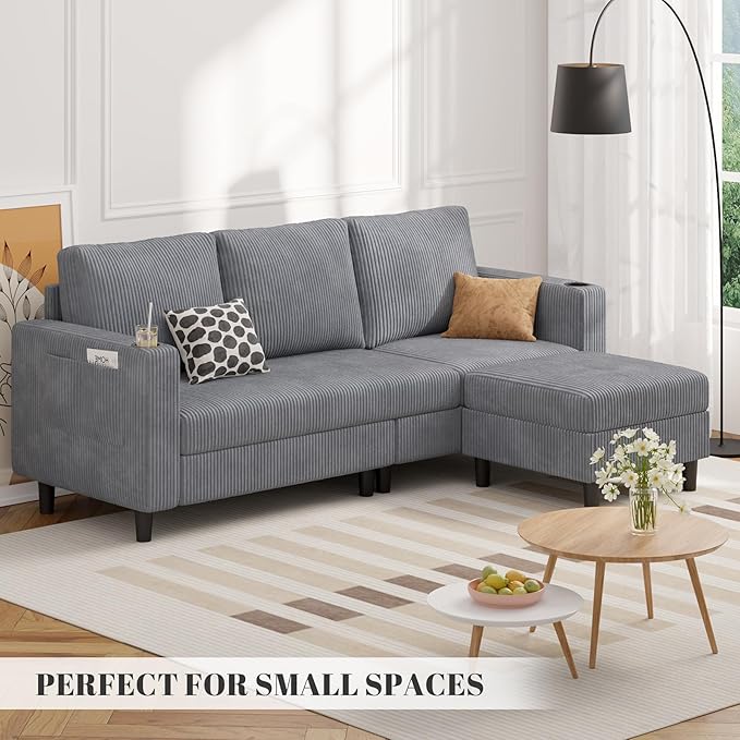 Upholstered Sectional Sofa and Couches, 78'' L Shaped 3-seat Sofa for Living Room, Apartment, Lounge,Bedroom-Washable Covers Convertible Sofas(Corduroy,Light Gary)