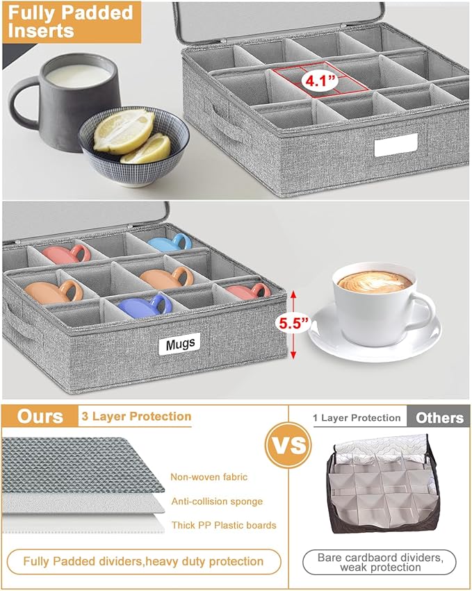 punemi Mug Storage Organizer with Rigid Top, Sides & Bottom, Padded Dividers, 2-Pack Stackable Coffee Mug Storage Boxes for Tea Cups, China Storage Containers for Packing & Moving