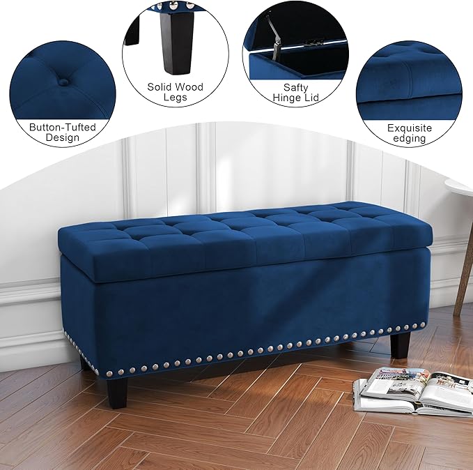 Ottoman with Storage, Storage Ottoman Bench with Button-Tufted, Upholstered End of Bed Bench with Wooden Legs for Bedroom, Entryway (Navy Blue, Set of 1)