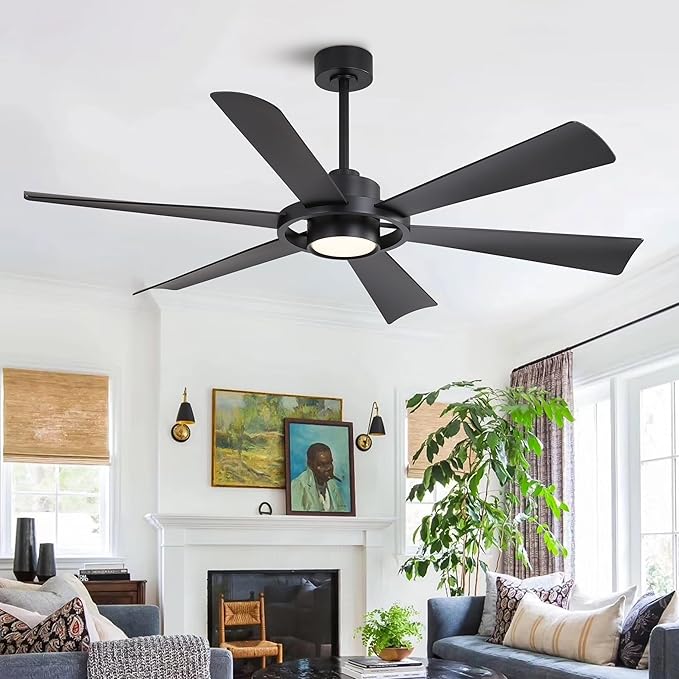 ELEHINSER 60" Ceiling Fan with Lights - 6 ABS Plastic Blades, 3 Downrods, 6-Speed Reversible DC Motor, 3CCT, Windmill Ceiling Fan for Kitchen Bedroom Living Room, Matte Black