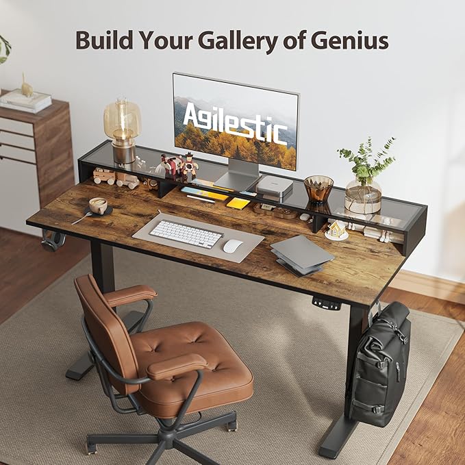 Agilestic Glass Standing Desk with Storage, 48 Inch Electric Adjustable Desk with Glass Shelf, Sit Stand Up Home Office Computer Table, Splice Board, Rustic Brown