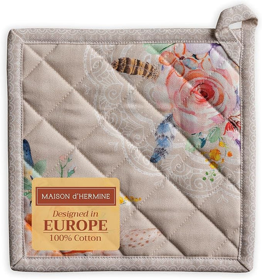 Maison d' Hermine Pot Holders 100% Cotton Heat Resistant Potholders 8" x 8" Hot Pads with Loop BBQ, Cooking, Baking, Grilling, Kitchen, Handling Hot Pans Spring/Summer (Pack of 1, Ibiza - Beige)