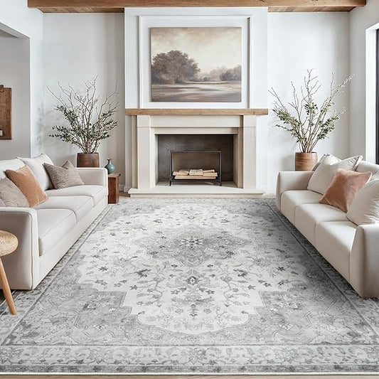 Amada 8x10 Area Rugs, Non-Slip Washable Rug with Low Profile, Durable Bound Edge, Soft Large Vintage Rug for Living Room, Bedroom, Dinning Room, Home Office,Silver Gray